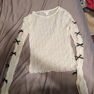 Tilly's Ivory Sheer Long-Sleeve Top with Black Bow Accents